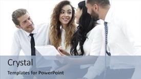  Presentation with tablet - Amazing theme having digital marketing company - closeup smiling business team backdrop and a  colored foreground