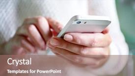  Presentation with smartphone - PPT layouts featuring digital media - woman holding smartphone indoors background and a coral colored foreground