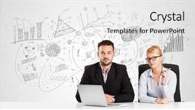  Presentation with desk - Beautiful PPT theme featuring digital media marketing marketing - business persons at desk backdrop and a white colored foreground