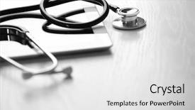  Presentation with tablet - Colorful slides enhanced with digital medicine - stethoscope and tablet on wooden backdrop and a light gray colored foreground