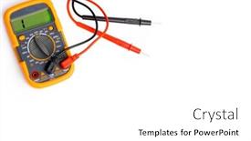  Presentation with digital multimeter - Colorful slide deck enhanced with digital multimeter isolated on white background with special measuring probes backdrop and a white colored foreground