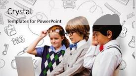  Presentation with laptop - Slides enhanced with digital music - pupils using laptop against white background and a light gray colored foreground