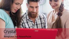  Presentation with remote work - PPT theme consisting of digital nomads cooperating for help background and a crimson colored foreground