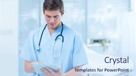  Presentation with hospital - Slide set consisting of digital paramedic - doctor holding tablet in hospital background and a sky blue colored foreground