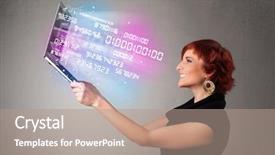  Presentation with laptop - Presentation theme consisting of digital program code - attractive casual woman holding laptop background and a coral colored foreground