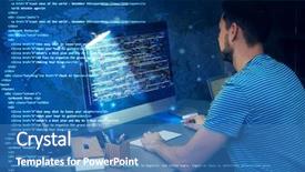  Presentation with computer attack - Beautiful PPT layouts featuring digital program code - man working with computer backdrop and a teal colored foreground