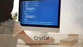  Presentation with computer - Colorful slide deck enhanced with digital program code - woman working on computer backdrop and a coral colored foreground