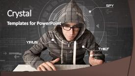  Presentation with hacking - Slide set enhanced with digital program code - young hacker in futuristic enviroment background and a dark gray colored foreground