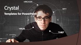  Presentation with hacking - Colorful PPT theme enhanced with digital program code - young hacker in futuristic enviroment backdrop and a dark gray colored foreground