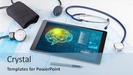  Presentation with medical devices - Presentation featuring digital pulses - brain functionality report with medical background and a light blue colored foreground