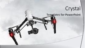  Presentation with drone quadcopter - Audience pleasing slide deck consisting of modern drone in motion quadcopter with 4k camera flying backdrop and a light gray colored foreground