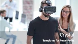  Presentation with virtual reality - Colorful presentation design enhanced with digital screen with young people backdrop and a dark gray colored foreground