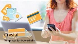  Presentation with diagram - Theme consisting of digital shopping diagram on a white background against mature student using laptop in cafe background and a coral colored foreground