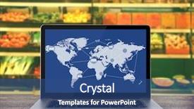  Presentation with supermarket - Slides enhanced with digital signage - laptop on wooden table background and a ocean colored foreground