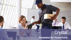  Presentation with courier - Slide set featuring digital signature - courier collecting package from businesswoman background and a ocean colored foreground