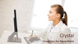  Presentation with tablet - PPT theme with digital signature - picture of smiling businesswoman background and a lemonade colored foreground