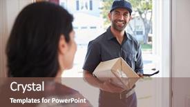  Presentation with courier - Presentation theme enhanced with digital signature - woman receiving package from courier background and a tawny brown colored foreground