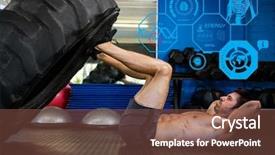  Presentation with leg anatomy - PPT theme enhanced with digital sports - fit man performing leg press background and a tawny brown colored foreground