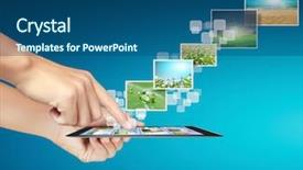  Presentation with tablet - PPT layouts enhanced with mobile cloud computing - touch tablet concept images streaming background and a ocean colored foreground