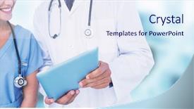  Presentation with male nurse - Presentation theme having digital tablet against dental equipment background and a sky blue colored foreground