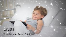  Presentation with cheerful stylish city girl using - Audience pleasing PPT theme consisting of digital tablet against snow falling backdrop and a light gray colored foreground