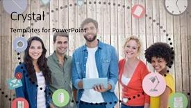  Presentation with creative - Slide set enhanced with digital tablet against wooden plan background and a soft green colored foreground