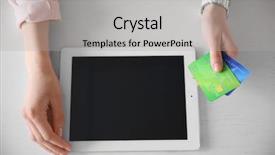  Presentation with hands holding - Slide set with digital tablet and credit card background and a light gray colored foreground