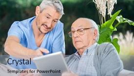  Presentation with digital - Slide deck enhanced with digital tablet at nursing home background and a light blue colored foreground