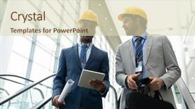  Presentation with multi ethnic group - PPT theme with digital tablet at office escalator background and a soft green colored foreground