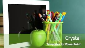  Presentation with digital books - PPT theme consisting of digital tablet books colorful pens and apple on desk in front of blackboard background and a shamrock green colored foreground