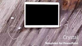  Presentation with digital - Cool new PPT theme with digital tablet computer with earphones against wooden background backdrop and a gray colored foreground