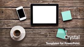  Presentation with wooden desk cup - Slide set enhanced with digital tablet computer with sticky background and a tawny brown colored foreground