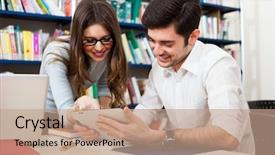  Presentation with digital library - Slides enhanced with digital tablet in a library background and a coral colored foreground