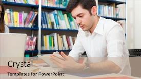  Presentation with digital library - Colorful slide set enhanced with digital tablet in a library backdrop and a soft green colored foreground