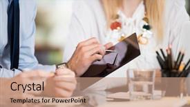  Presentation with using digital tablet - Beautiful presentation theme featuring digital tablet in a meeting backdrop and a  colored foreground