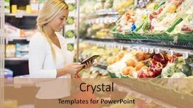  Presentation with using digital tablet - PPT layouts enhanced with digital tablet in grocery store background and a coral colored foreground