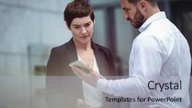  Presentation with flower office desk table - PPT layouts featuring digital tablet in office premises background and a light blue colored foreground