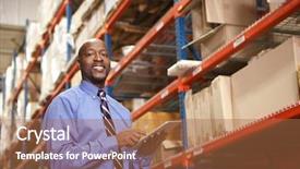  Presentation with warehouse - Colorful presentation design enhanced with digital tablet in warehouse backdrop and a coral colored foreground