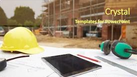  Presentation with building plans - Slide deck consisting of digital tablet on building site background and a tawny brown colored foreground