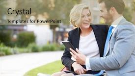  Presentation with using digital tablet - PPT layouts having digital tablet on park bench background and a mint green colored foreground