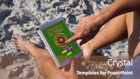 Presentation with using digital tablet - Presentation theme having digital tablet on the beach background and a coral colored foreground