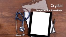  Presentation with clipboard stethoscope - Cool new PPT layouts with digital tablet on wooden background backdrop and a tawny brown colored foreground