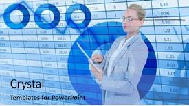  Presentation with cutout paper people standing around globe holding hands - Colorful presentation theme enhanced with digital tablet standing by numerical backdrop and a light blue colored foreground