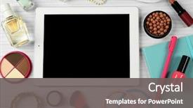  Presentation with tablets wood table tablet white - Slide deck enhanced with digital tablet with woman's background and a gray colored foreground