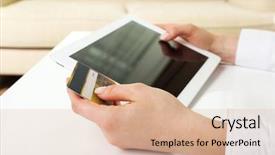  Presentation with credit card - Slide deck having digital technology mobile bank - female hands with tablet background and a coral colored foreground