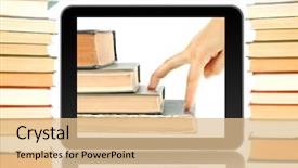 Presentation with digital books - Theme featuring digital textbook - black tablet and books background and a coral colored foreground