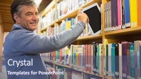  Presentation with man relaxing on massage table - Beautiful PPT theme featuring digital textbook - man pulling out a tablet backdrop and a ocean colored foreground