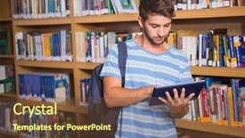  Presentation with university library - Beautiful presentation theme featuring digital textbook - student using tablet in library backdrop and a tawny brown colored foreground