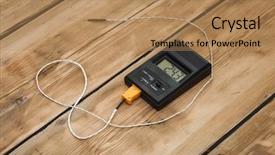  Presentation with empty of wood table top - Presentation design with digital thermometer on wooden table background and a coral colored foreground