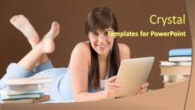  Presentation with study - Slides with digital touch screen computer - woman teenager study at home background and a tawny brown colored foreground